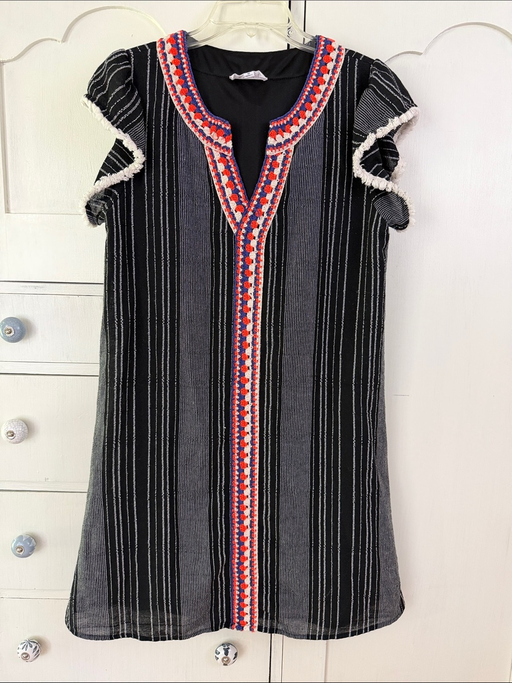 THML Black Mini Dress with Red & Blue crochet embroidered V-Trim bohemian M